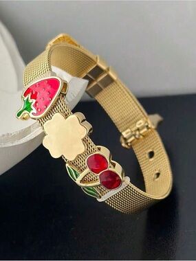 Gold Mesh Bracelet with Red Enamel Fruit Charms